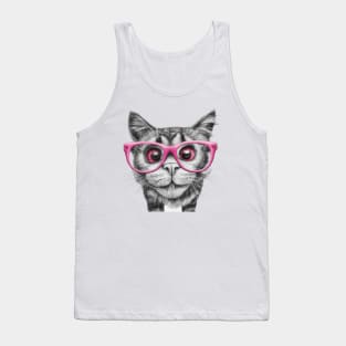 pencil black and white drawing of curious cat wearing light pink colored glasses art Tank Top